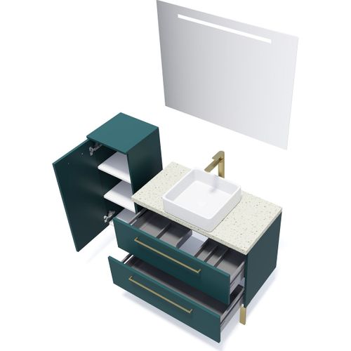 Meuble De Salle De Bain Vasque Posée 90cm 2 Tiroirs Bleu + Miroir - Glasgow