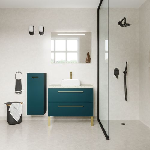 Meuble De Salle De Bain Vasque Posée 90cm 2 Tiroirs Bleu + Miroir - Glasgow