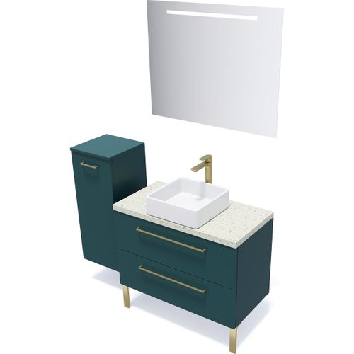 Meuble De Salle De Bain Vasque Posée 90cm 2 Tiroirs Bleu + Miroir - Glasgow