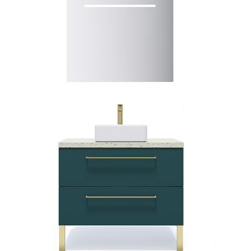 Meuble De Salle De Bain Vasque Posée 90cm 2 Tiroirs Bleu + Miroir - Glasgow