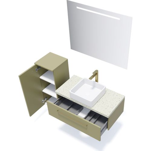 Ensemble Salle De Bain Vasque Posée 90cm 1 Tiroir Vert + Miroir + Colonne Gauche - Glasgow