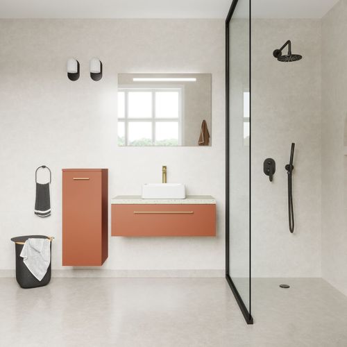 Ensemble Salle De Bain Vasque Posée 90cm 1 Tiroir Terracotta + Miroir + Colonne Gauche - Glasgow