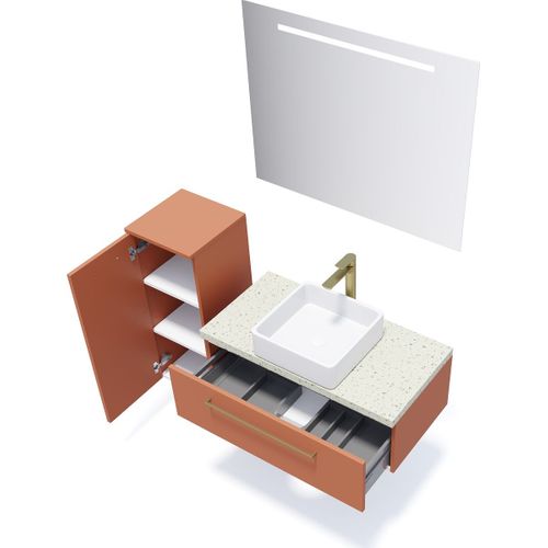 Ensemble Salle De Bain Vasque Posée 90cm 1 Tiroir Terracotta + Miroir + Colonne Gauche - Glasgow
