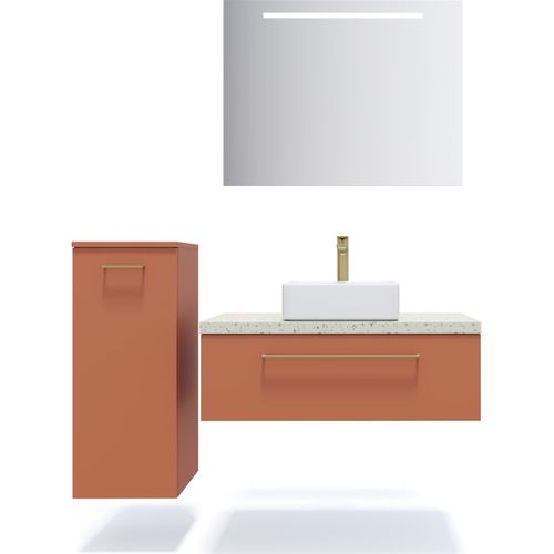 Ensemble Salle De Bain Vasque Posée 90cm 1 Tiroir Terracotta + Miroir + Colonne Gauche - Glasgow