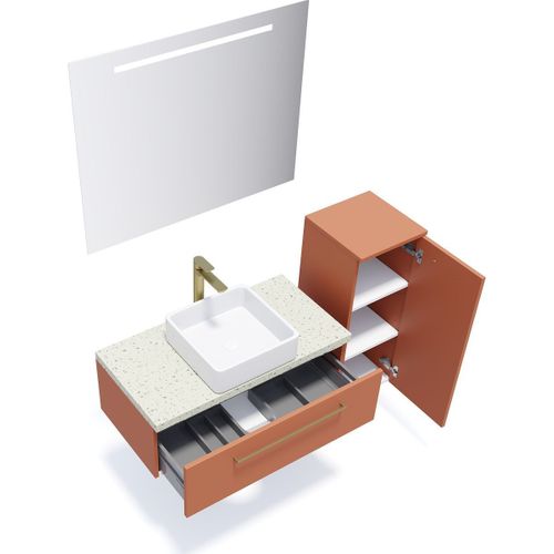 Ensemble Salle De Bain Vasque Posée 90cm 1 Tiroir Terracotta + Miroir + Colonne Droite - Glasgow