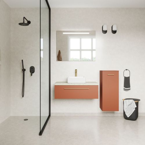 Ensemble Salle De Bain Vasque Posée 90cm 1 Tiroir Terracotta + Miroir + Colonne Droite - Glasgow
