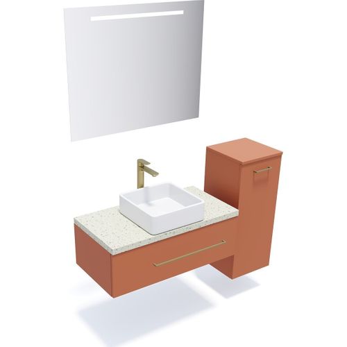 Ensemble Salle De Bain Vasque Posée 90cm 1 Tiroir Terracotta + Miroir + Colonne Droite - Glasgow