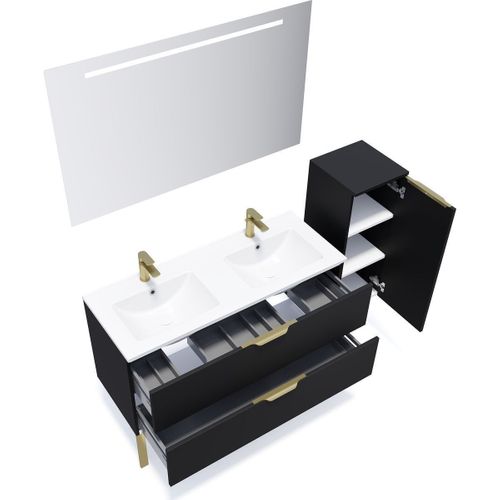 Ensemble Salle De Bain Double Vasque 120cm 2 Tiroirs Noir + Miroir + Colonne Droite - Venice