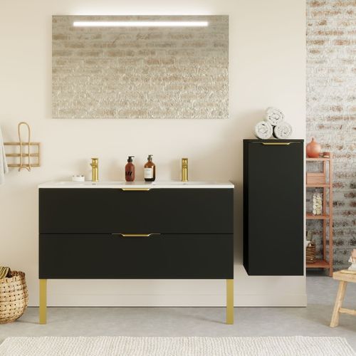 Ensemble Salle De Bain Double Vasque 120cm 2 Tiroirs Noir + Miroir + Colonne Droite - Venice