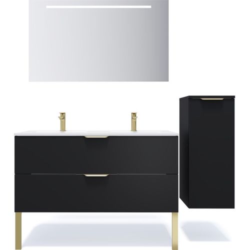 Ensemble Salle De Bain Double Vasque 120cm 2 Tiroirs Noir + Miroir + Colonne Droite - Venice
