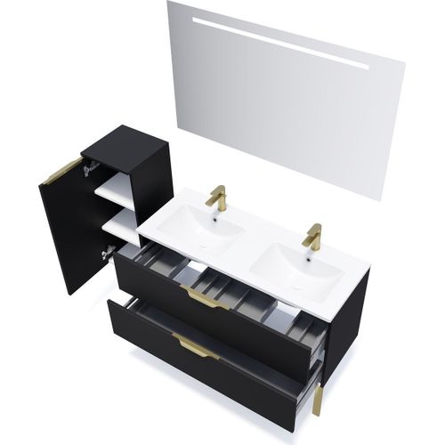 Meuble De Salle De Bain Double Vasque 120cm 2 Tiroirs Noir + Miroir - Venice