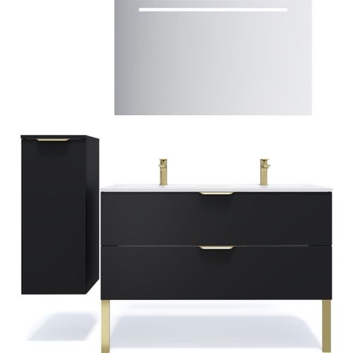 Meuble De Salle De Bain Double Vasque 120cm 2 Tiroirs Noir + Miroir - Venice