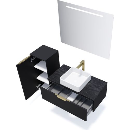 Meuble De Salle De Bain Vasque Posée 90cm 1 Tiroir Noir + Miroir - Venice