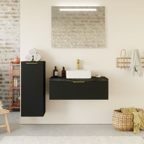 Meuble De Salle De Bain Vasque Posée 90cm 1 Tiroir Noir + Miroir - Venice