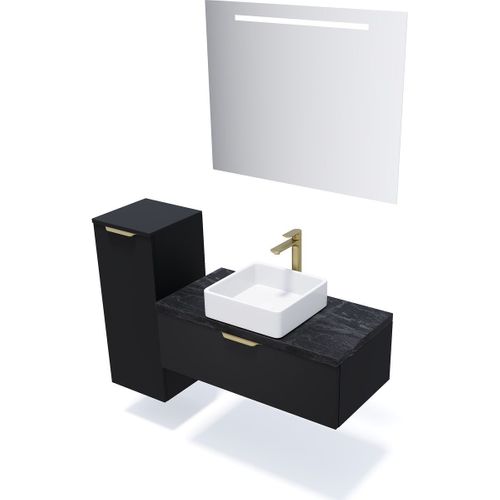 Meuble De Salle De Bain Vasque Posée 90cm 1 Tiroir Noir + Miroir - Venice