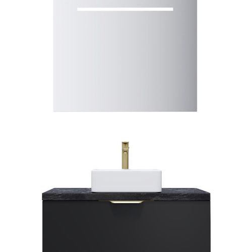 Meuble De Salle De Bain Vasque Posée 90cm 1 Tiroir Noir + Miroir - Venice