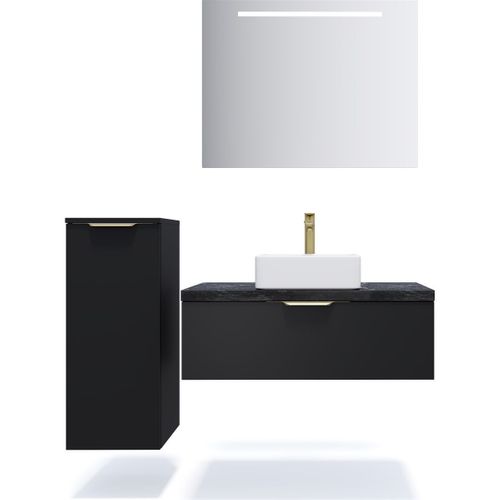 Meuble De Salle De Bain Vasque Posée 90cm 1 Tiroir Noir + Miroir - Venice