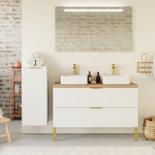 Ensemble Salle De Bain 2 Vasques Posées 120cm 2 Tiroirs Blanc + Miroir + Colonne Gauche - Venice