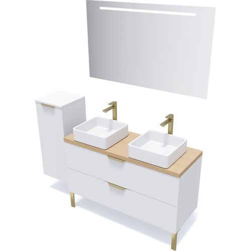 Ensemble Salle De Bain 2 Vasques Posées 120cm 2 Tiroirs Blanc + Miroir + Colonne Gauche - Venice