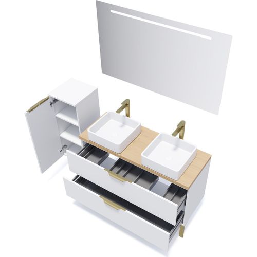 Meuble De Salle De Bain 2 Vasques Posées 120cm 2 Tiroirs Blanc - Venice