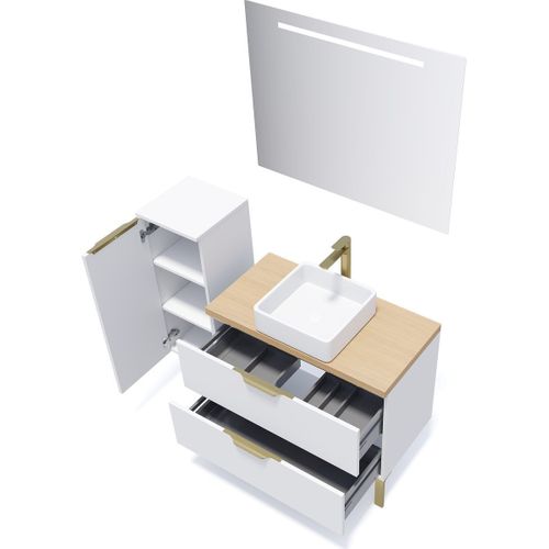 Meuble De Salle De Bain Vasque Posée 90cm 2 Tiroirs Blanc + Miroir - Venice