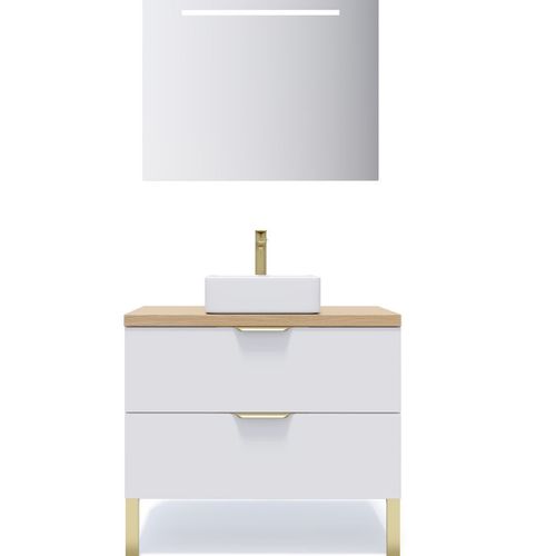 Meuble De Salle De Bain Vasque Posée 90cm 2 Tiroirs Blanc + Miroir - Venice