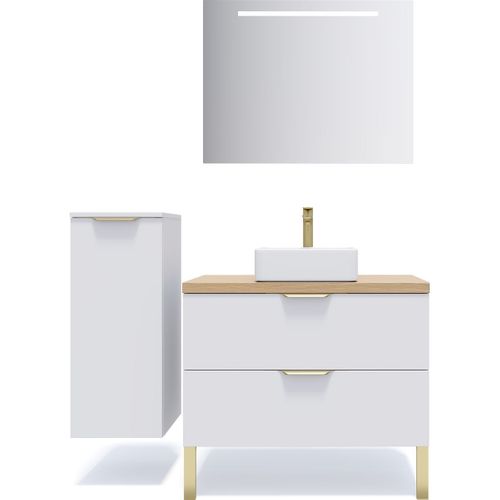 Meuble De Salle De Bain Vasque Posée 90cm 2 Tiroirs Blanc + Miroir - Venice