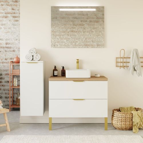 Meuble De Salle De Bain Vasque Posée 90cm 2 Tiroirs Blanc - Venice