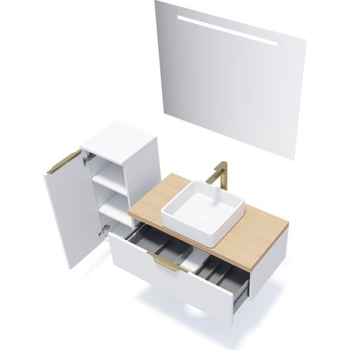 Meuble De Salle De Bain Vasque Posée 90cm 1 Tiroir Blanc + Miroir - Venice