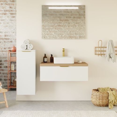 Meuble De Salle De Bain Vasque Posée 90cm 1 Tiroir Blanc + Miroir - Venice