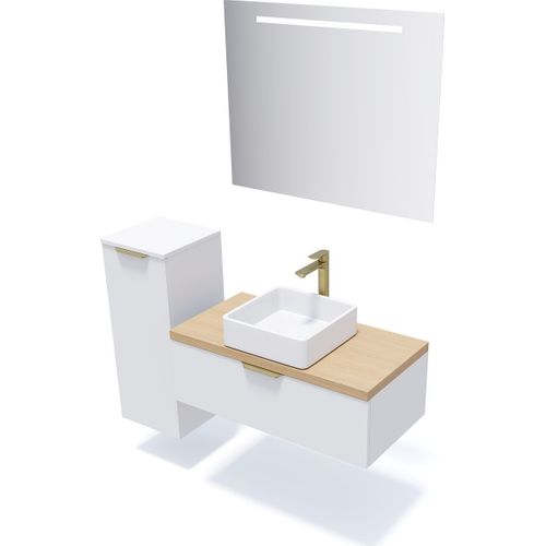 Meuble De Salle De Bain Vasque Posée 90cm 1 Tiroir Blanc + Miroir - Venice