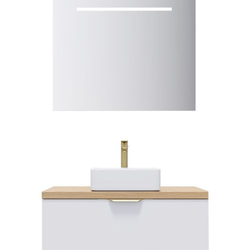Meuble De Salle De Bain Vasque Posée 90cm 1 Tiroir Blanc + Miroir - Venice