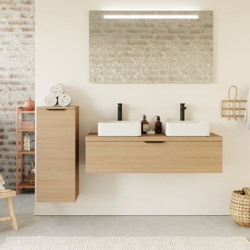 Meuble De Salle De Bain 2 Vasques Posées 120cm 1 Tiroir Chêne - Venice