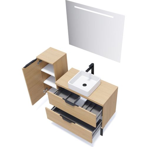Ensemble Salle De Bain Vasque Posée 90cm 2 Tiroirs Chêne + Miroir + Colonne Gauche - Venice