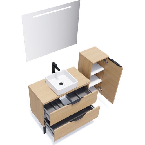 Ensemble Salle De Bain Vasque Posée 90cm 2 Tiroirs Chêne + Miroir + Colonne Droite - Venice