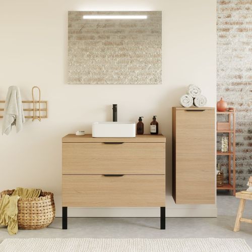 Ensemble Salle De Bain Vasque Posée 90cm 2 Tiroirs Chêne + Miroir + Colonne Droite - Venice