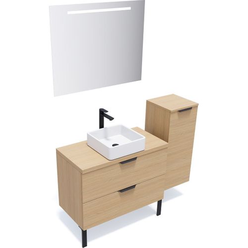 Ensemble Salle De Bain Vasque Posée 90cm 2 Tiroirs Chêne + Miroir + Colonne Droite - Venice