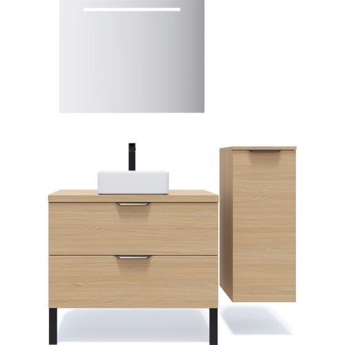 Ensemble Salle De Bain Vasque Posée 90cm 2 Tiroirs Chêne + Miroir + Colonne Droite - Venice