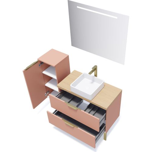 Ensemble Salle De Bain Vasque Posée 90cm 2 Tiroirs Abricot + Miroir + Colonne Gauche - Venice