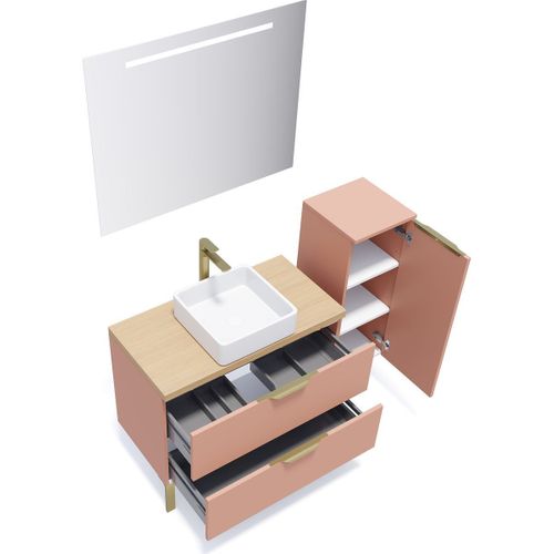 Ensemble Salle De Bain Vasque Posée 90cm 2 Tiroirs Abricot + Miroir + Colonne Droite - Venice