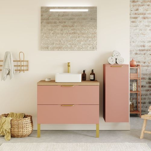 Ensemble Salle De Bain Vasque Posée 90cm 2 Tiroirs Abricot + Miroir + Colonne Droite - Venice