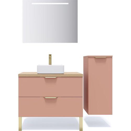 Ensemble Salle De Bain Vasque Posée 90cm 2 Tiroirs Abricot + Miroir + Colonne Droite - Venice