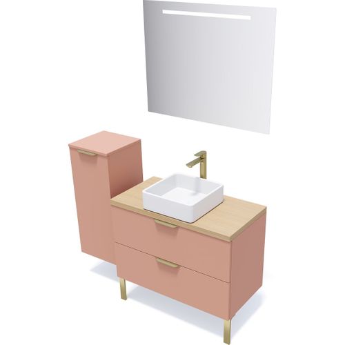 Meuble De Salle De Bain Vasque Posée 90cm 2 Tiroirs Abricot + Miroir - Venice