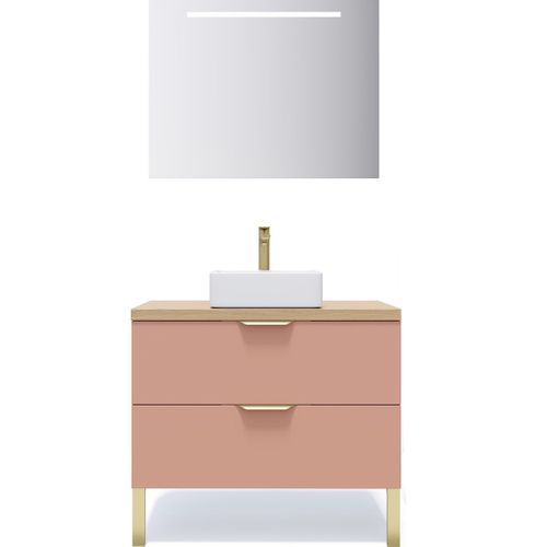 Meuble De Salle De Bain Vasque Posée 90cm 2 Tiroirs Abricot + Miroir - Venice