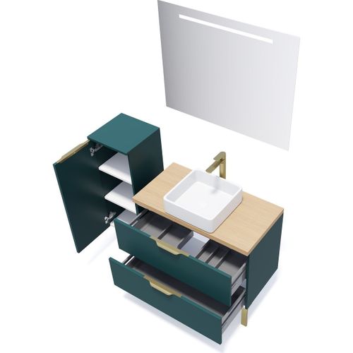 Ensemble Salle De Bain Vasque Posée 90cm 2 Tiroirs Bleu + Miroir + Colonne Gauche - Venice