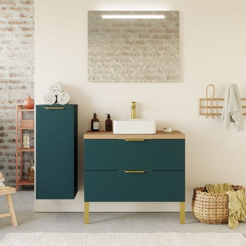 Ensemble Salle De Bain Vasque Posée 90cm 2 Tiroirs Bleu + Miroir + Colonne Gauche - Venice