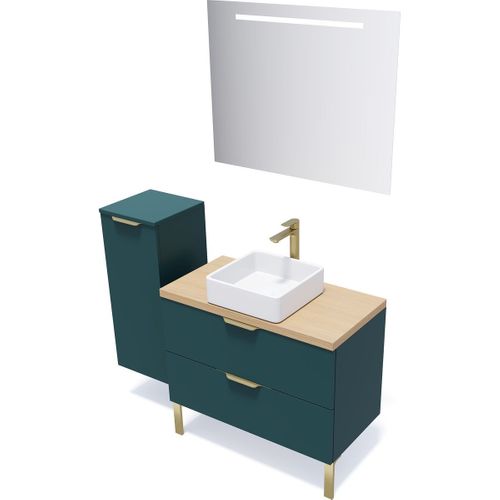 Ensemble Salle De Bain Vasque Posée 90cm 2 Tiroirs Bleu + Miroir + Colonne Gauche - Venice