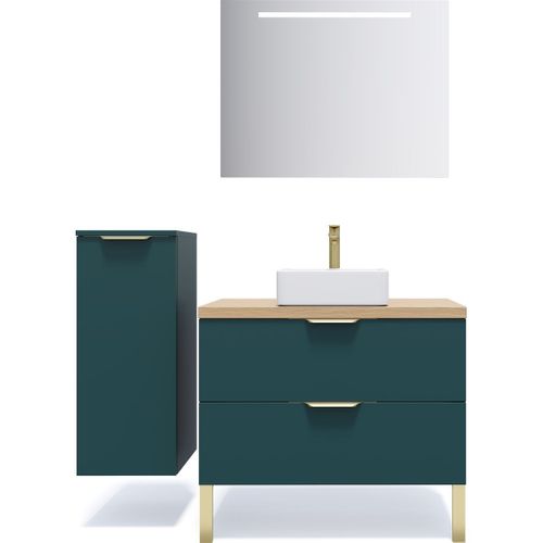 Ensemble Salle De Bain Vasque Posée 90cm 2 Tiroirs Bleu + Miroir + Colonne Gauche - Venice