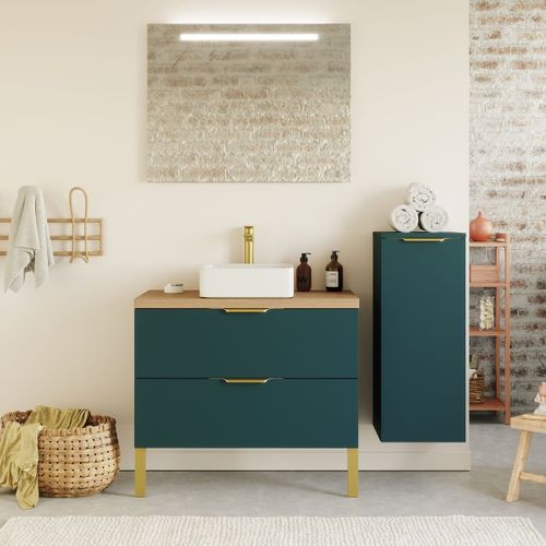 Ensemble Salle De Bain Vasque Posée 90cm 2 Tiroirs Bleu + Miroir + Colonne Droite - Venice