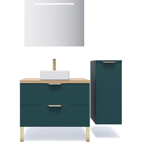 Ensemble Salle De Bain Vasque Posée 90cm 2 Tiroirs Bleu + Miroir + Colonne Droite - Venice